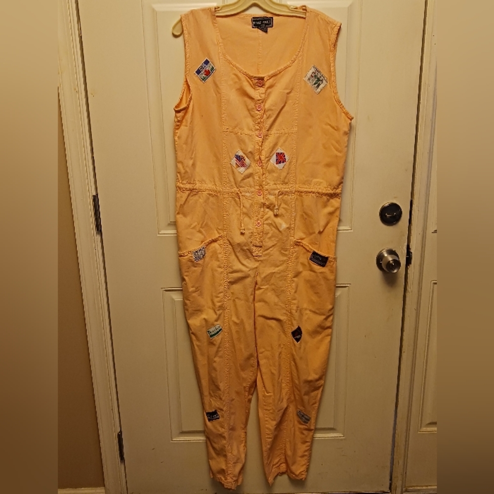 Vtg 80s Peach Cotton Oversized Festival Jumpsuit w/ Appliqué Patches – Size M - Picture 5 of 17